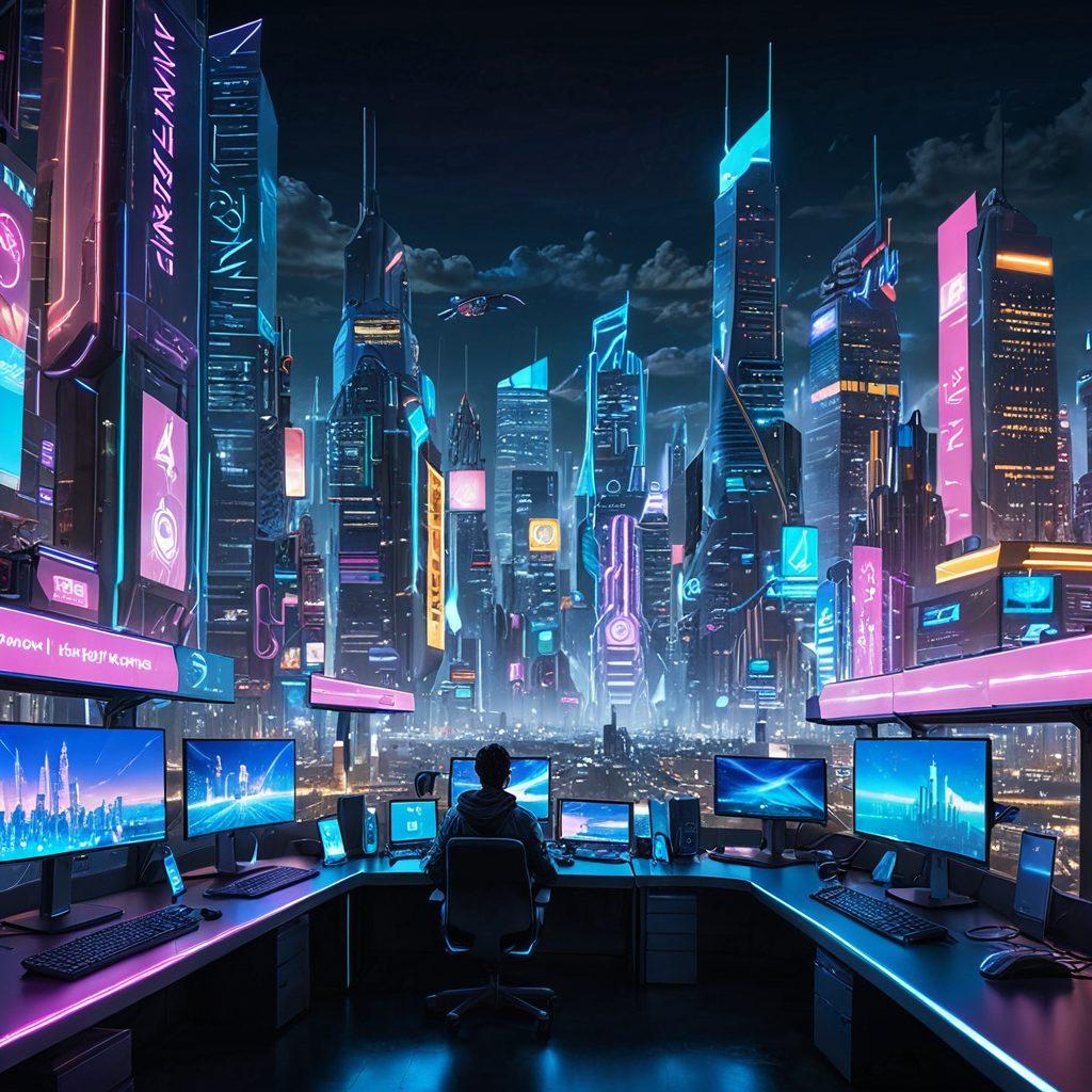A futuristic landscape blending cyber and virtual elements, featuring diverse digital insurance products displayed as holographic icons above a digital marketplace. The scene includes vibrant neon colors, a city skyline in the background, and various avatars interacting with the products, representing diversity. Enhancing the theme, incorporate subtle circuitry patterns in the sky. cyberpunk. vibrant colors. 3D.
