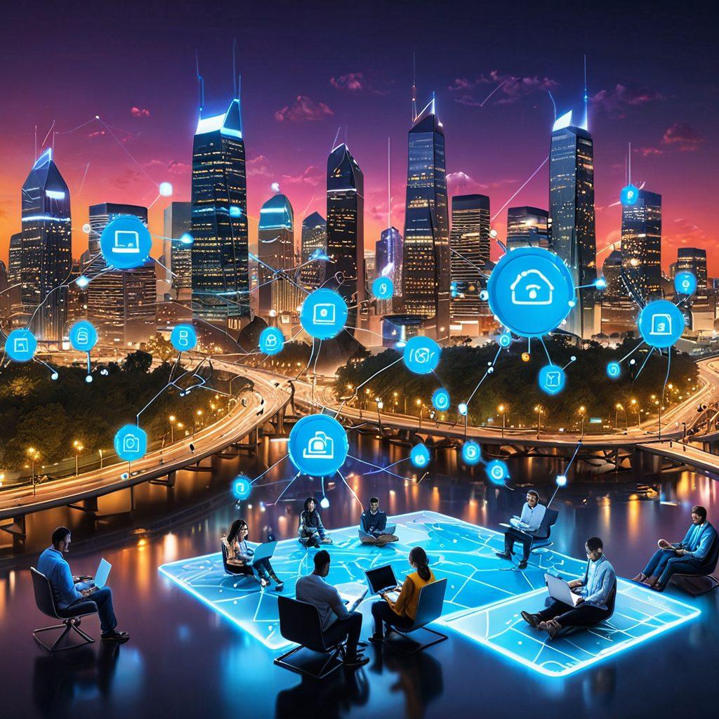 A futuristic digital landscape filled with floating icons of insurance policies and symbols representing safety and security. A diverse group of people, including families and young professionals, navigate this vibrant online environment with laptops and tablets, showcasing the accessibility of online insurance solutions. The background features glowing city skylines and digital networks, symbolizing innovation and connectivity. Bright colors emphasize warmth and trust. super-realistic. vibrant colors. 3D.